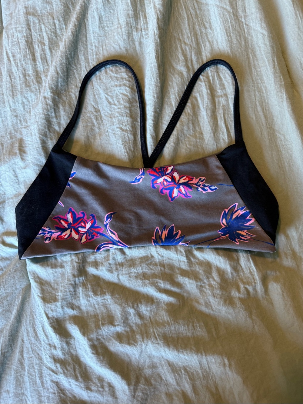 Jolyn Clothing Gray Floral Bikini Top with Black Straps and Pink & Blue Flowers